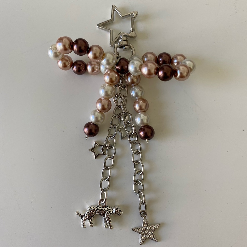 Beaded Star & Charm Keychain - Pink, Pearl, Brown